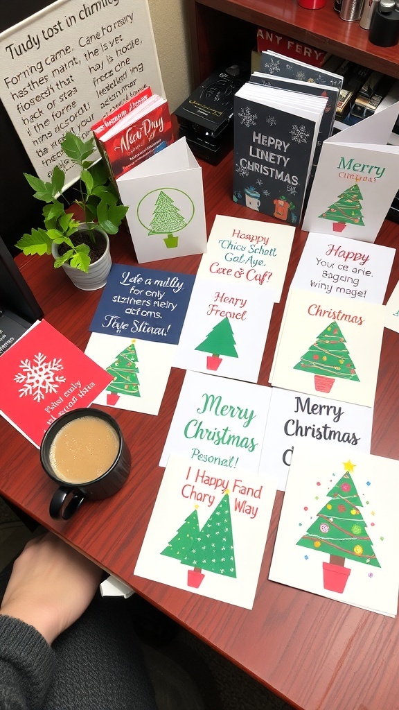 A variety of Christmas cards on an office desk with festive designs and a cozy holiday setup.